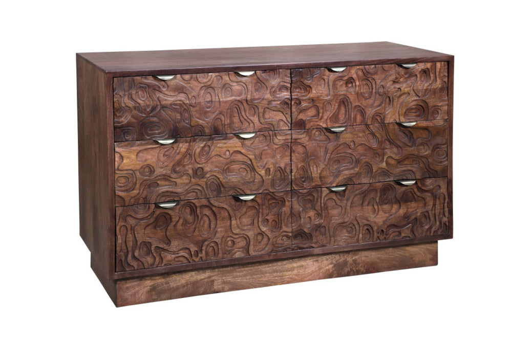 HomeRoots 57" Brown Carved Abstract Solid Wood Dresser - Artisan Crafted, 6 Drawers for Modern Boho Elegance 661221