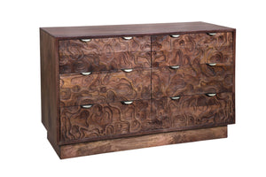 HomeRoots 57" Brown Carved Abstract Solid Wood Dresser - Artisan Crafted, 6 Drawers for Modern Boho Elegance 661221