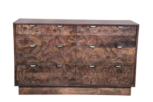 HomeRoots 57" Brown Carved Abstract Solid Wood Dresser - Artisan Crafted, 6 Drawers for Modern Boho Elegance 661221