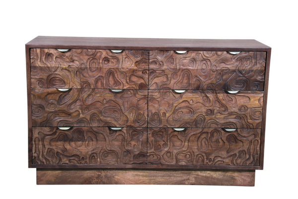 HomeRoots 57" Brown Carved Abstract Solid Wood Dresser - Artisan Crafted, 6 Drawers for Modern Boho Elegance 661221