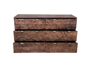 HomeRoots 57" Brown Carved Abstract Solid Wood Dresser - Artisan Crafted, 6 Drawers for Modern Boho Elegance 661221