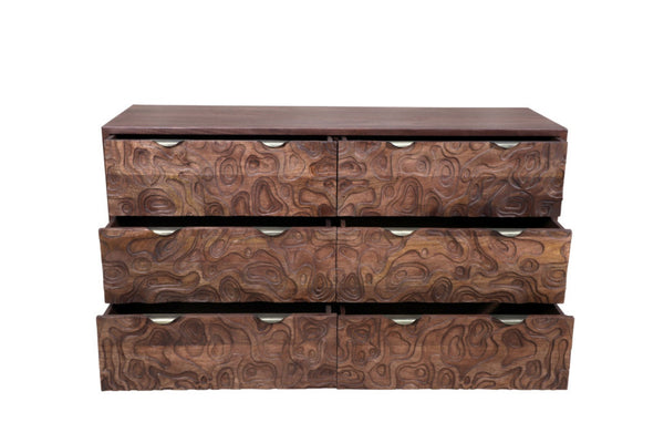 HomeRoots 57" Brown Carved Abstract Solid Wood Dresser - Artisan Crafted, 6 Drawers for Modern Boho Elegance 661221