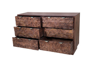 HomeRoots 57" Brown Carved Abstract Solid Wood Dresser - Artisan Crafted, 6 Drawers for Modern Boho Elegance 661221