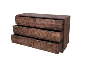 HomeRoots 57" Brown Carved Abstract Solid Wood Dresser - Artisan Crafted, 6 Drawers for Modern Boho Elegance 661221