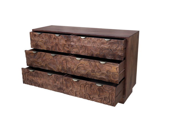 HomeRoots 57" Brown Carved Abstract Solid Wood Dresser - Artisan Crafted, 6 Drawers for Modern Boho Elegance 661221