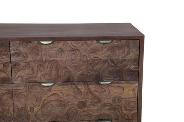 HomeRoots 57" Brown Carved Abstract Solid Wood Dresser - Artisan Crafted, 6 Drawers for Modern Boho Elegance 661221