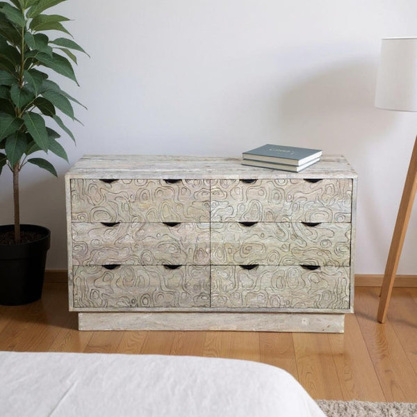 HomeRoots 57" Gray Carved Geometric Solid Wood Dresser - Modern Boho Storage with Unique Design & Durability 661222