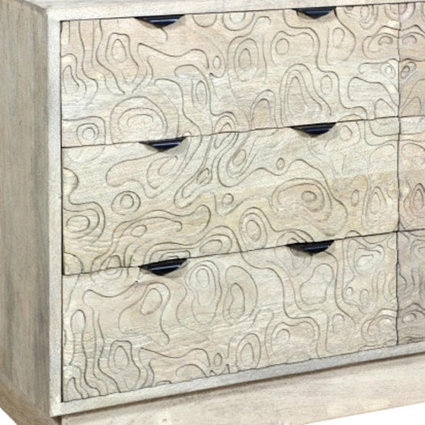 HomeRoots 57" Gray Carved Geometric Solid Wood Dresser - Modern Boho Storage with Unique Design & Durability 661222