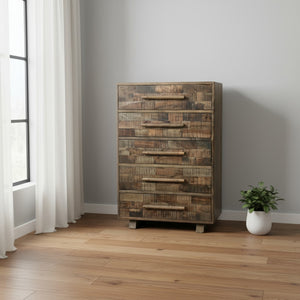 HomeRoots 35" Brown Carved Geometric Solid Wood Dresser - Handcrafted 5-Drawer Storage with Unique Artisan Style 661223