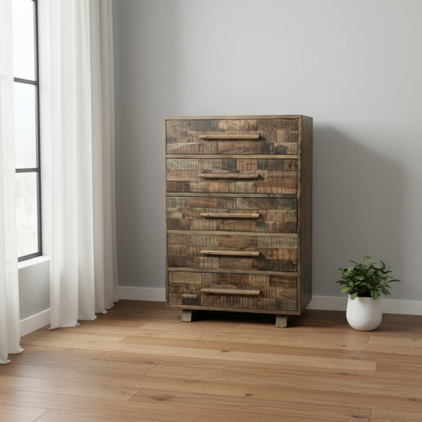 HomeRoots 35" Brown Carved Geometric Solid Wood Dresser - Handcrafted 5-Drawer Storage with Unique Artisan Style 661223
