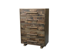 HomeRoots 35" Brown Carved Geometric Solid Wood Dresser - Handcrafted 5-Drawer Storage with Unique Artisan Style 661223