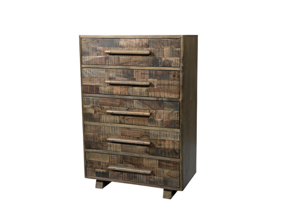 HomeRoots 35" Brown Carved Geometric Solid Wood Dresser - Handcrafted 5-Drawer Storage with Unique Artisan Style 661223