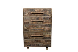 HomeRoots 35" Brown Carved Geometric Solid Wood Dresser - Handcrafted 5-Drawer Storage with Unique Artisan Style 661223