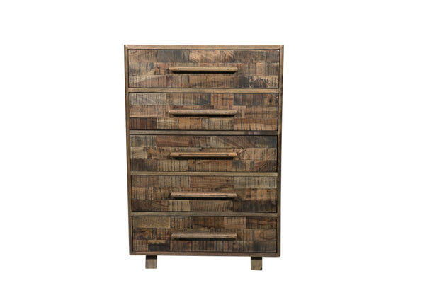 HomeRoots 35" Brown Carved Geometric Solid Wood Dresser - Handcrafted 5-Drawer Storage with Unique Artisan Style 661223