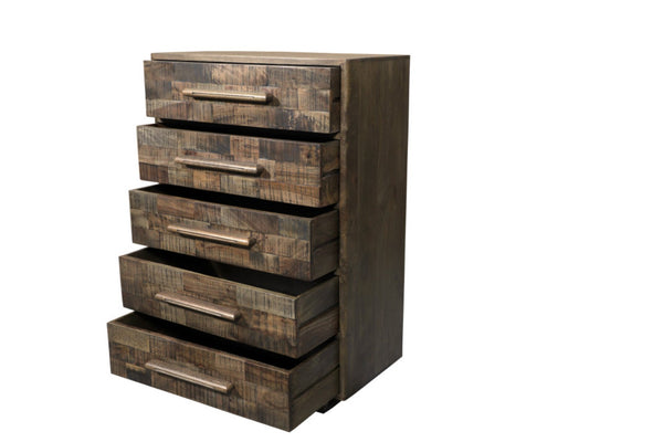 HomeRoots 35" Brown Carved Geometric Solid Wood Dresser - Handcrafted 5-Drawer Storage with Unique Artisan Style 661223
