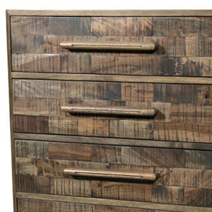 HomeRoots 35" Brown Carved Geometric Solid Wood Dresser - Handcrafted 5-Drawer Storage with Unique Artisan Style 661223