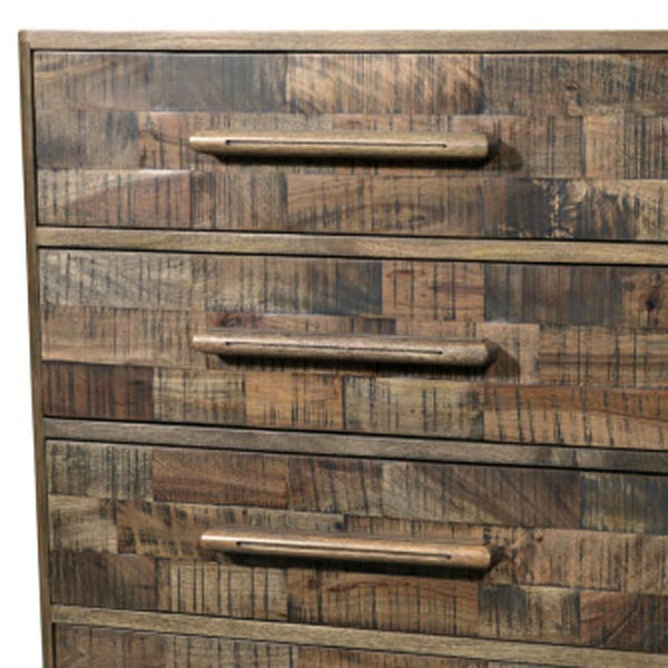 HomeRoots 35" Brown Carved Geometric Solid Wood Dresser - Handcrafted 5-Drawer Storage with Unique Artisan Style 661223