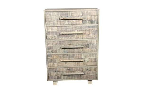 HomeRoots 35" Gray Carved Solid Wood Dresser - Rustic Five Drawer Storage with Unique Geometric Design & Appeal 661224