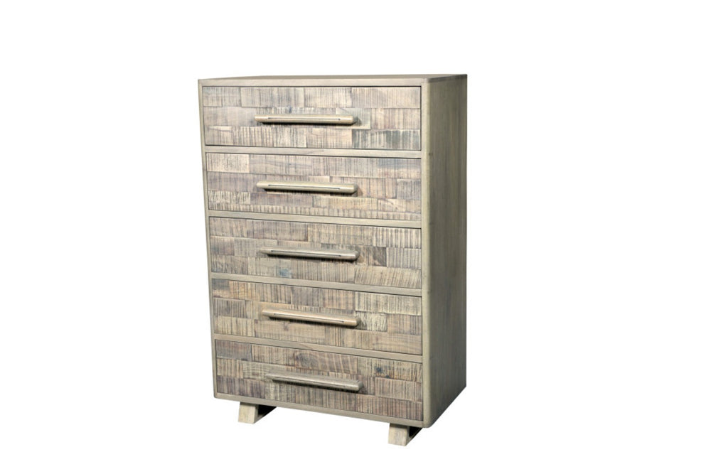 HomeRoots 35" Gray Carved Solid Wood Dresser - Rustic Five Drawer Storage with Unique Geometric Design & Appeal 661224