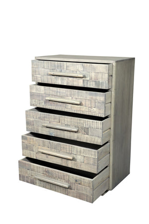HomeRoots 35" Gray Carved Solid Wood Dresser - Rustic Five Drawer Storage with Unique Geometric Design & Appeal 661224