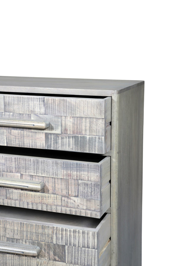 HomeRoots 35" Gray Carved Solid Wood Dresser - Rustic Five Drawer Storage with Unique Geometric Design & Appeal 661224