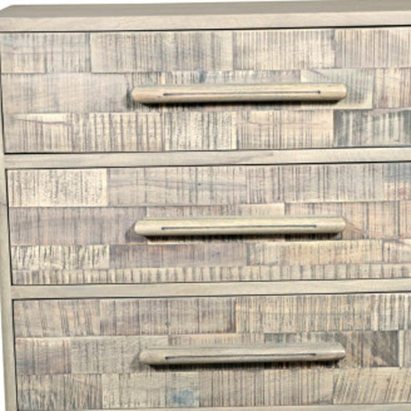 HomeRoots 35" Gray Carved Solid Wood Dresser - Rustic Five Drawer Storage with Unique Geometric Design & Appeal 661224