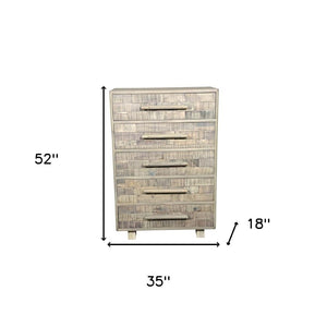 HomeRoots 35" Gray Carved Solid Wood Dresser - Rustic Five Drawer Storage with Unique Geometric Design & Appeal 661224
