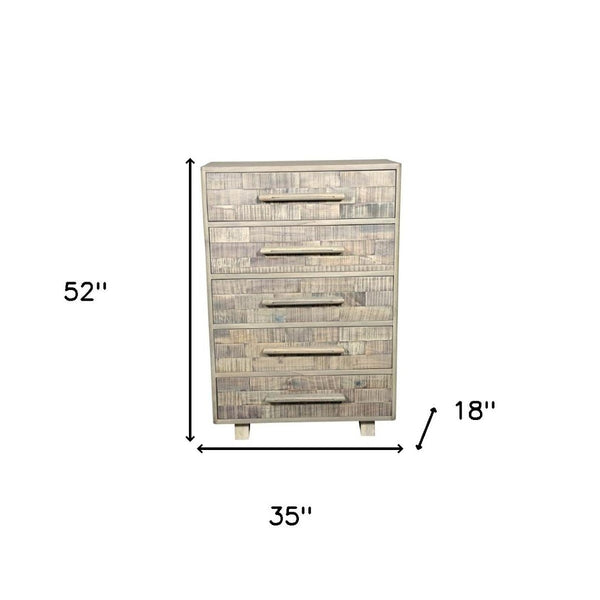 HomeRoots 35" Gray Carved Solid Wood Dresser - Rustic Five Drawer Storage with Unique Geometric Design & Appeal 661224