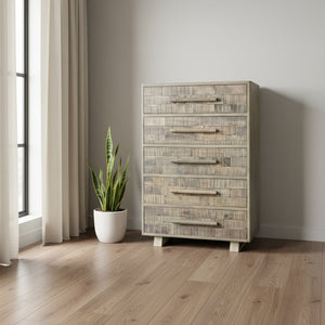 HomeRoots 35" Gray Carved Solid Wood Dresser - Rustic Five Drawer Storage with Unique Geometric Design & Appeal 661224