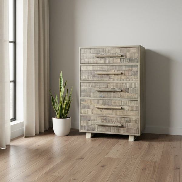 HomeRoots 35" Gray Carved Solid Wood Dresser - Rustic Five Drawer Storage with Unique Geometric Design & Appeal 661224