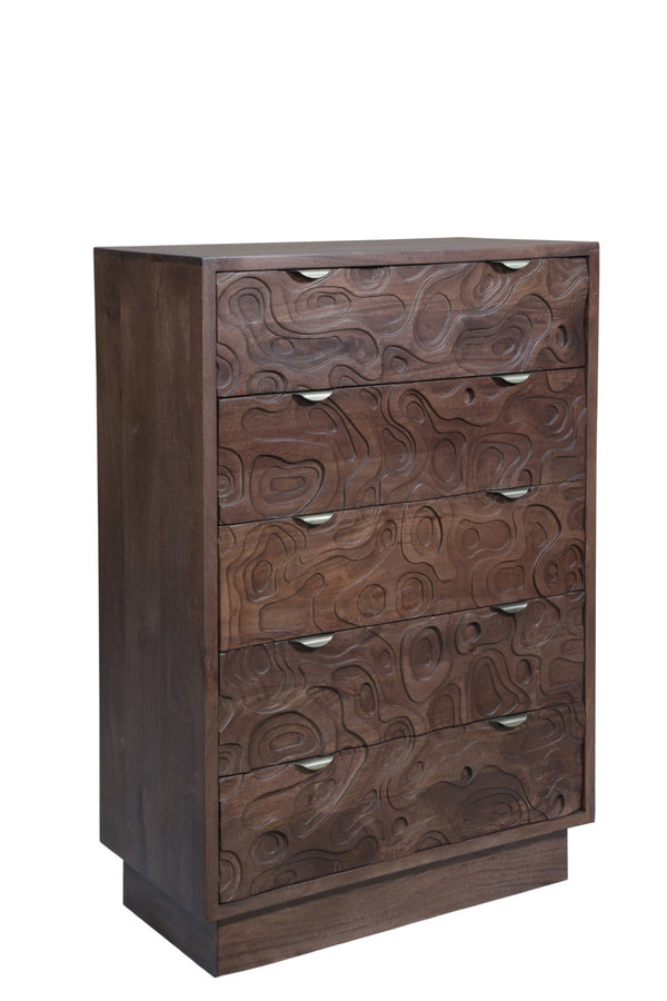 HomeRoots 35" Brown Carved Abstract Solid Wood Dresser - Stylish 5-Drawer Storage for Modern Boho Spaces 661225