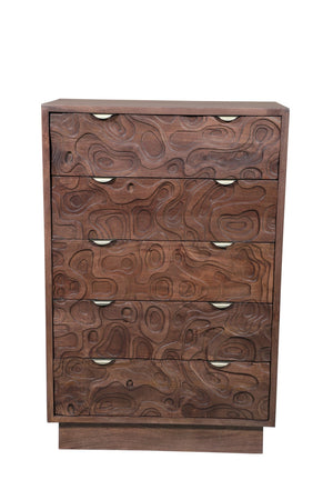 HomeRoots 35" Brown Carved Abstract Solid Wood Dresser - Stylish 5-Drawer Storage for Modern Boho Spaces 661225