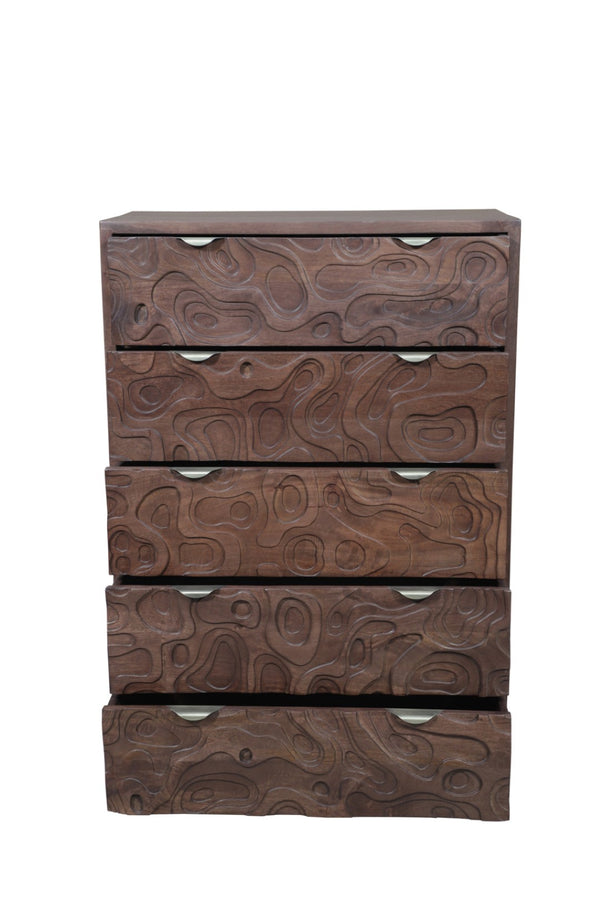 HomeRoots 35" Brown Carved Abstract Solid Wood Dresser - Stylish 5-Drawer Storage for Modern Boho Spaces 661225