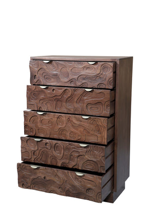 HomeRoots 35" Brown Carved Abstract Solid Wood Dresser - Stylish 5-Drawer Storage for Modern Boho Spaces 661225