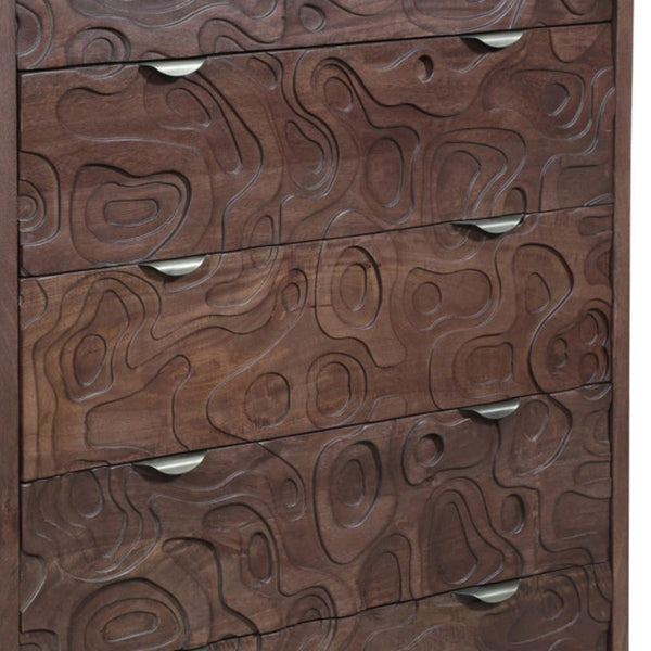 HomeRoots 35" Brown Carved Abstract Solid Wood Dresser - Stylish 5-Drawer Storage for Modern Boho Spaces 661225