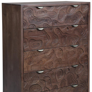 HomeRoots 35" Brown Carved Abstract Solid Wood Dresser - Stylish 5-Drawer Storage for Modern Boho Spaces 661225