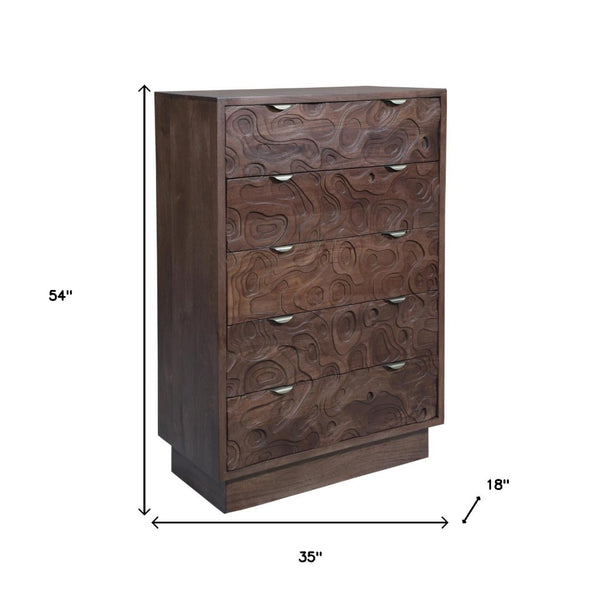 HomeRoots 35" Brown Carved Abstract Solid Wood Dresser - Stylish 5-Drawer Storage for Modern Boho Spaces 661225