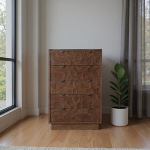 HomeRoots 35" Brown Carved Abstract Solid Wood Dresser - Stylish 5-Drawer Storage for Modern Boho Spaces 661225