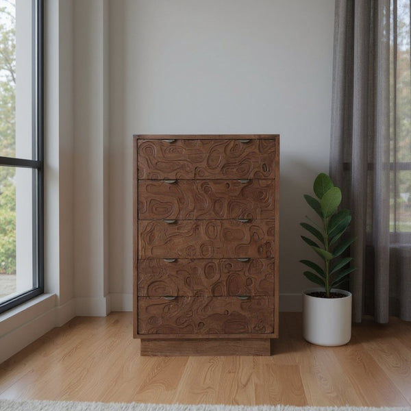 HomeRoots 35" Brown Carved Abstract Solid Wood Dresser - Stylish 5-Drawer Storage for Modern Boho Spaces 661225