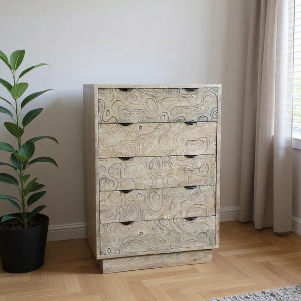 HomeRoots 35" Gray Carved Dresser - Solid Wood, Five Drawers, Modern Boho Design, Perfect for Compact Spaces 661226