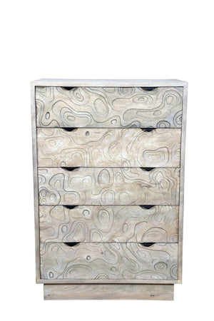 HomeRoots 35" Gray Carved Dresser - Solid Wood, Five Drawers, Modern Boho Design, Perfect for Compact Spaces 661226