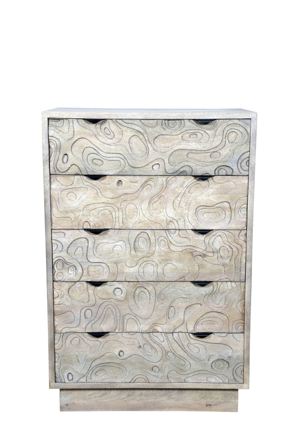 HomeRoots 35" Gray Carved Dresser - Solid Wood, Five Drawers, Modern Boho Design, Perfect for Compact Spaces 661226