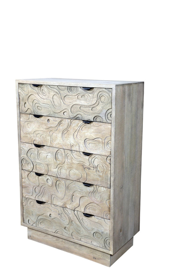 HomeRoots 35" Gray Carved Dresser - Solid Wood, Five Drawers, Modern Boho Design, Perfect for Compact Spaces 661226