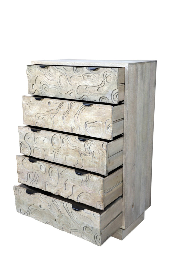 HomeRoots 35" Gray Carved Dresser - Solid Wood, Five Drawers, Modern Boho Design, Perfect for Compact Spaces 661226
