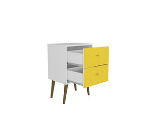 English Elm Liberty 18" Nightstand with 2 Drawers, Aqua Accent, Solid Wood Legs, Modern Handles, Compact Storage Yellow+White B365P398512