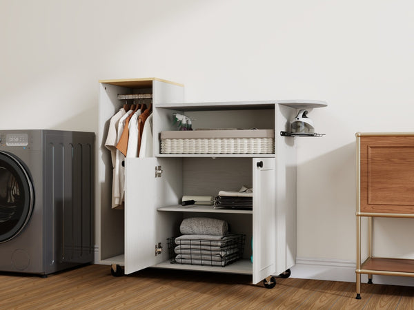 English Elm Ironing Cabinet on Wheels with Pull Out Board Open Shelves and Antique White Finish W1120P330148