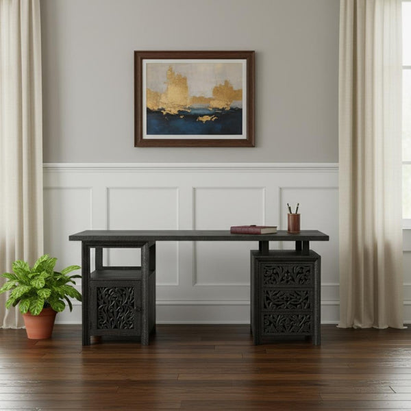 HomeRoots 68" Black Solid Wood Floral Carved Desk - Elegant, Durable, and Functional Workspace for Home Office 661245