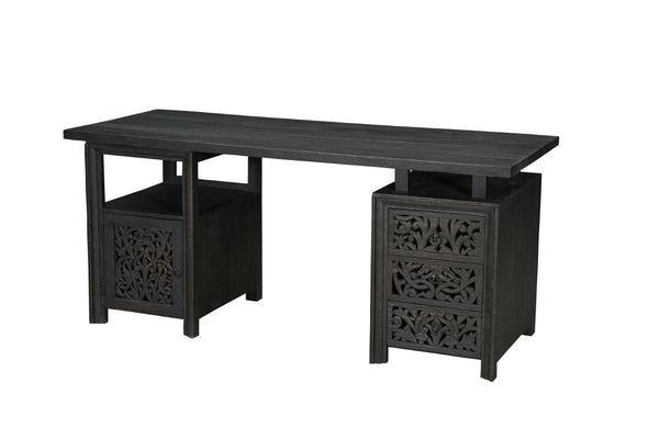 HomeRoots 68" Black Solid Wood Floral Carved Desk - Elegant, Durable, and Functional Workspace for Home Office 661245