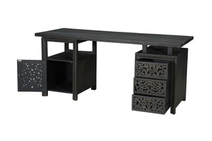 HomeRoots 68" Black Solid Wood Floral Carved Desk - Elegant, Durable, and Functional Workspace for Home Office 661245