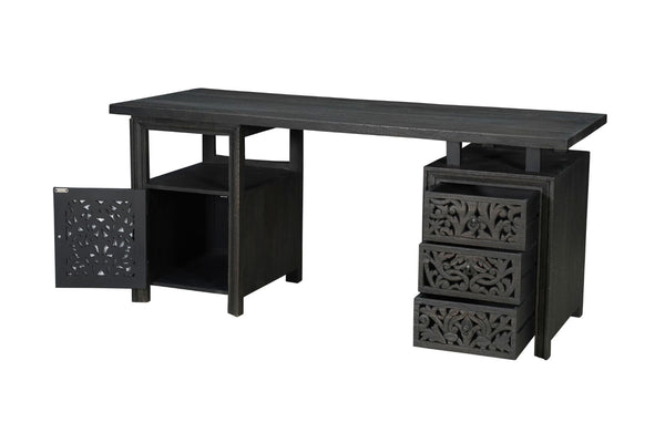 HomeRoots 68" Black Solid Wood Floral Carved Desk - Elegant, Durable, and Functional Workspace for Home Office 661245